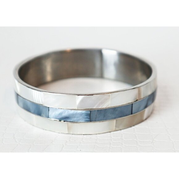 2 Vintage Silver Tone Bracelet With Mother Of Pearl Inlay - Picture 6 of 7